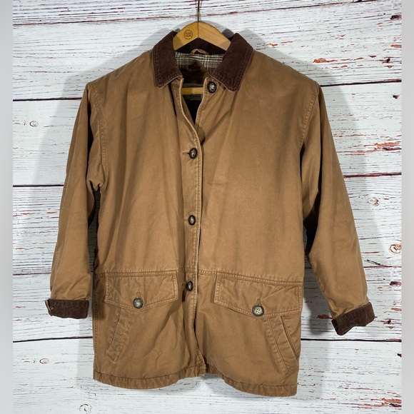 St Johns Bay Womens Medium Barn Jacket Chore Coat Tan Brown Plaid Flannel Lined - Picture 4 of 14